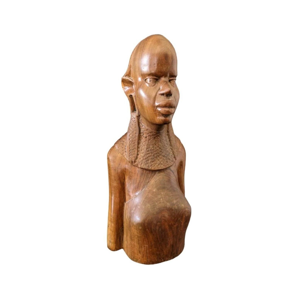 Vintage Tribal African Wood Hand Carved Statue Bust Figurine Mid Century 12.5"